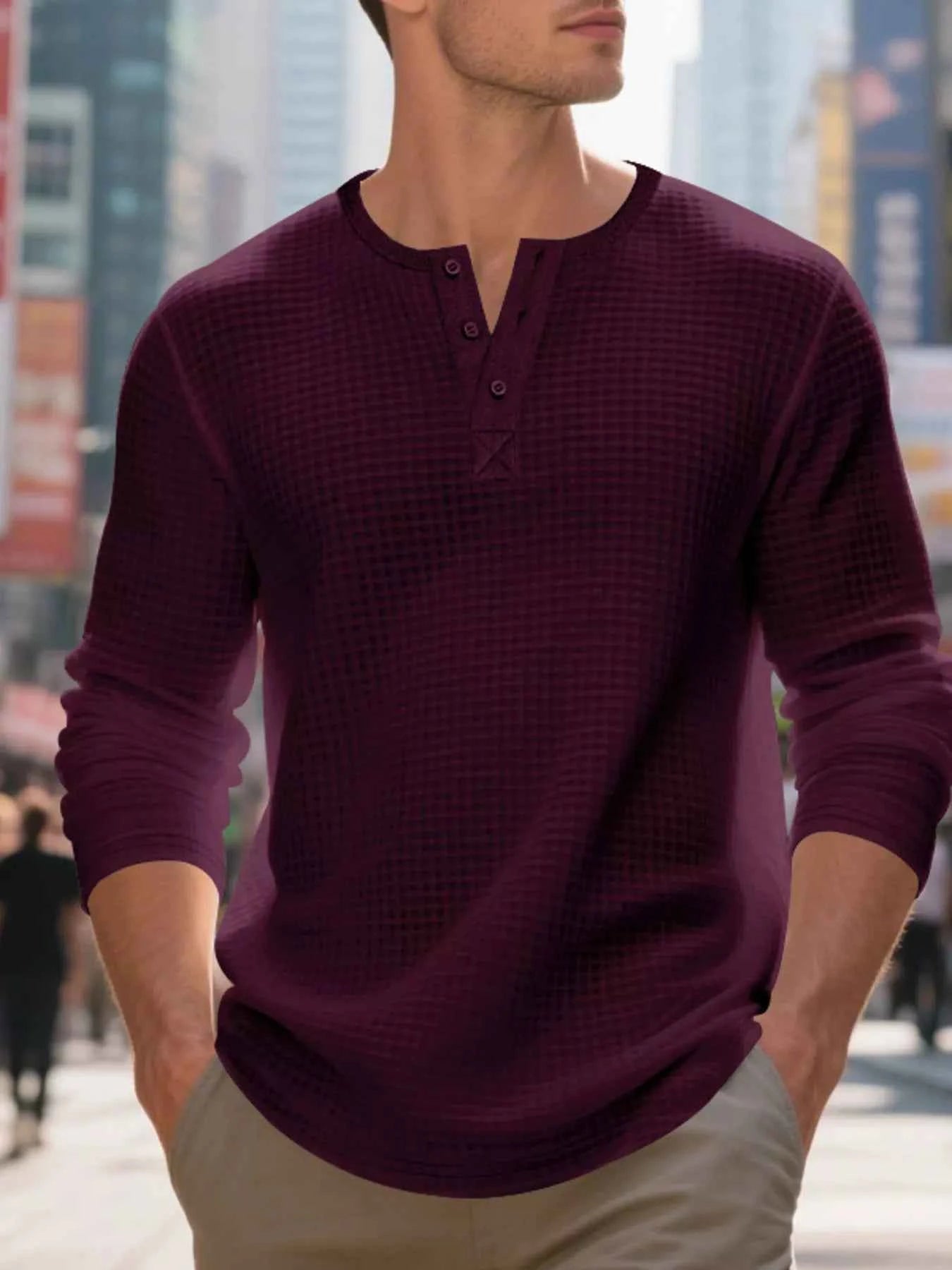 Men's Plus Size Casual Waffle Knit Henley T-Shirt