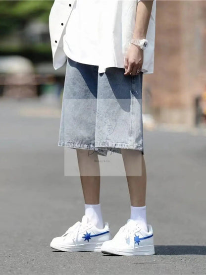 Men's Plus Size Loose Fit Washed Denim Shorts