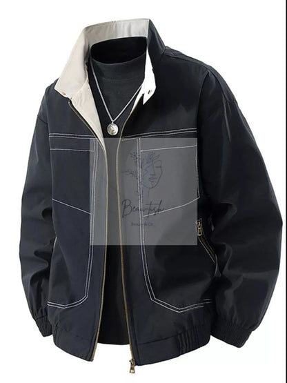 Men's Plus Size Zip Up Contrast Collar Casual Jacket