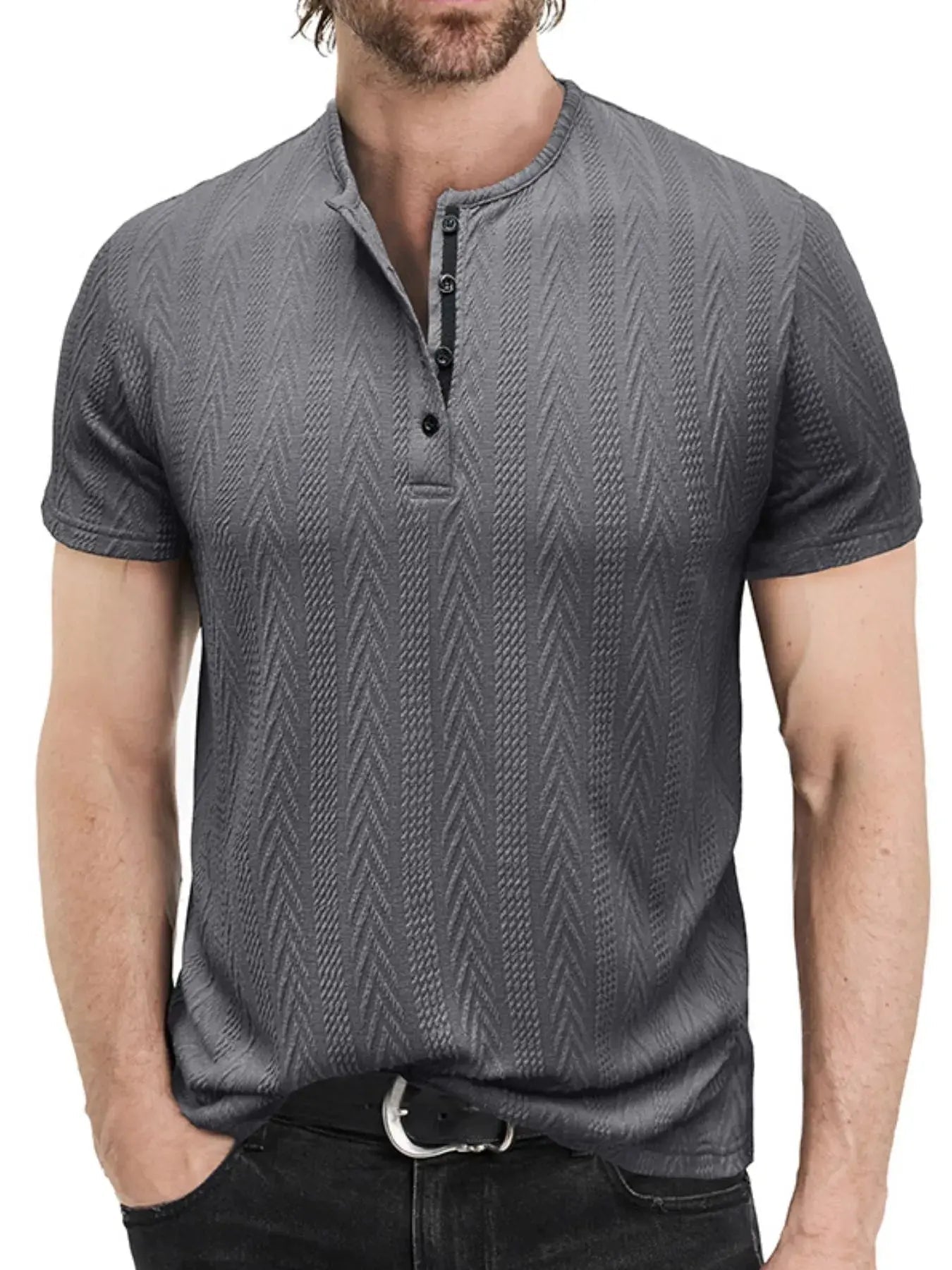 Men's Textured Chevron Pattern Henley Polo Shirt