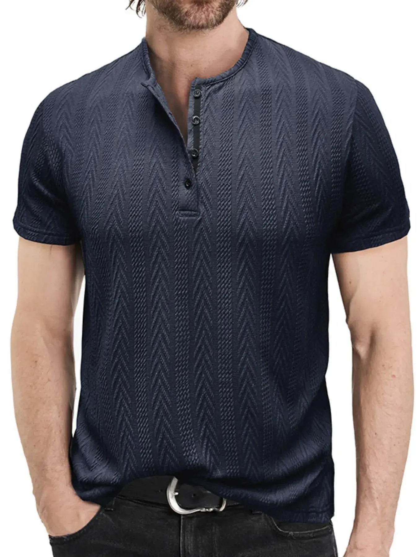Men's Textured Chevron Pattern Henley Polo Shirt