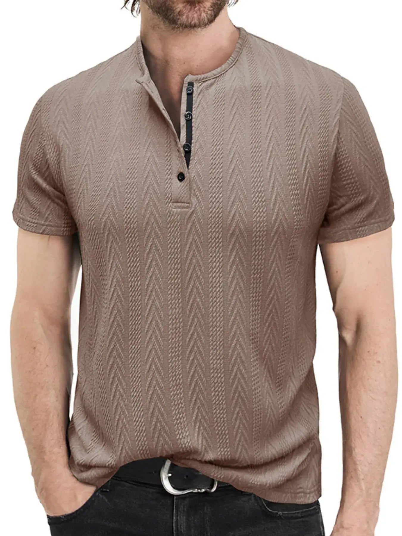 Men's Textured Chevron Pattern Henley Polo Shirt