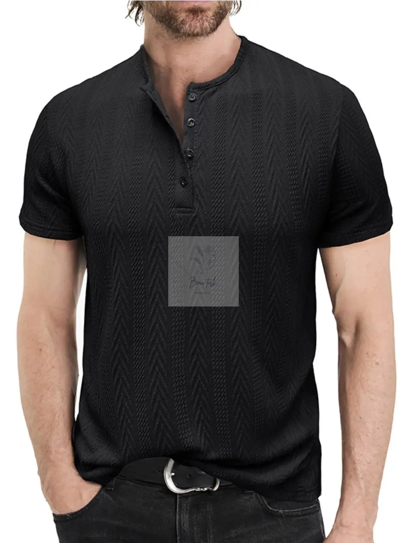 Men's Textured Chevron Pattern Henley Polo Shirt