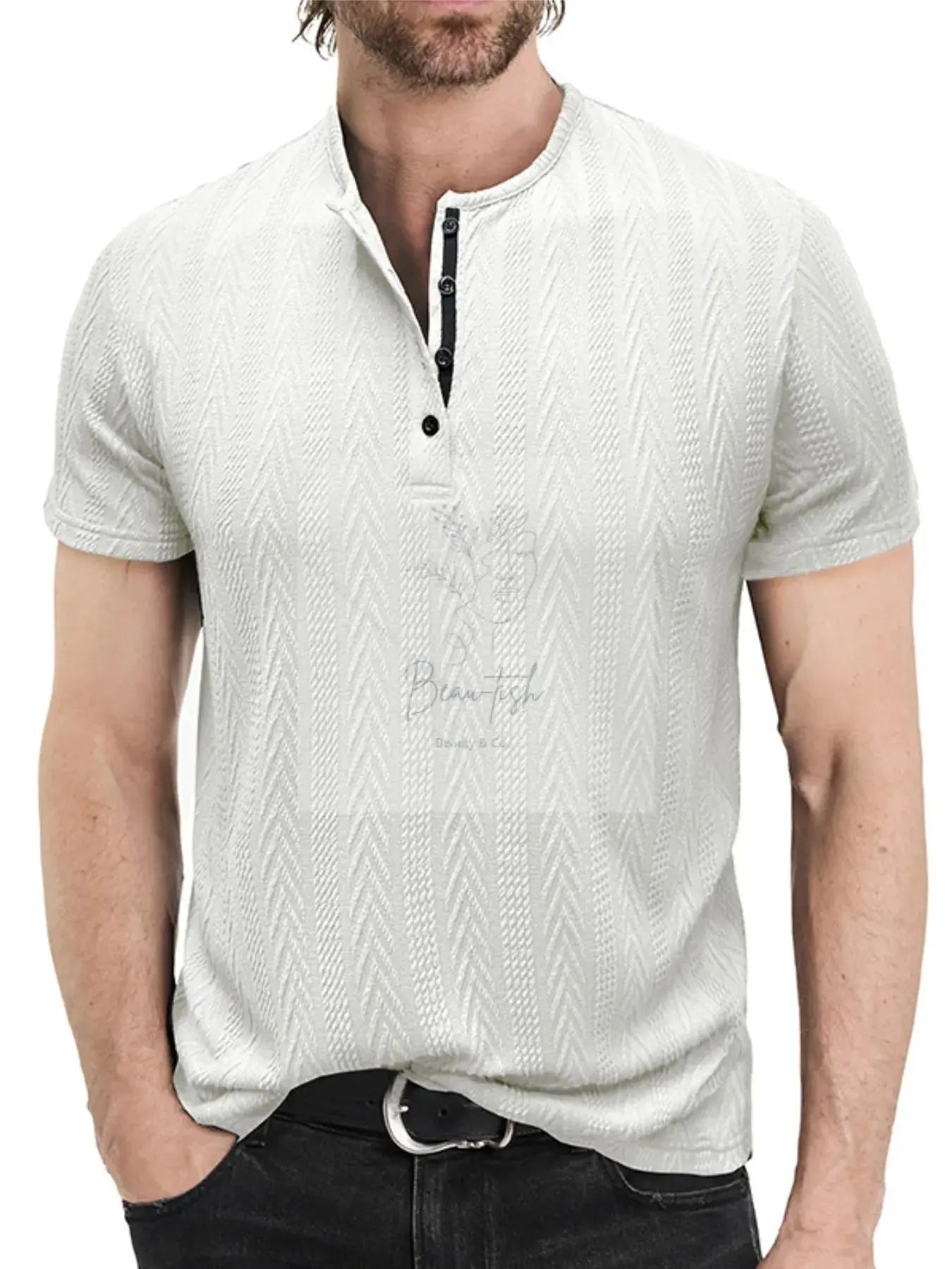 Men's Textured Chevron Pattern Henley Polo Shirt