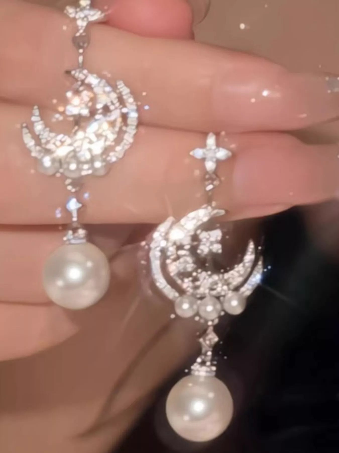 Pearl Moon Star Dangle Earrings