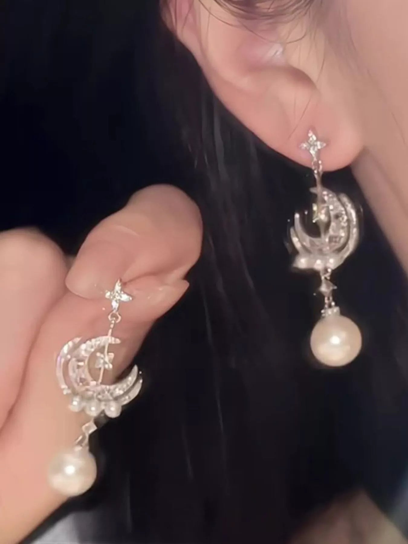 Pearl Moon Star Dangle Earrings