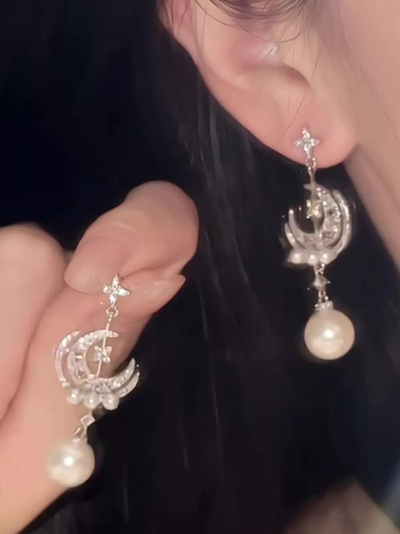 Pearl Moon Star Dangle Earrings