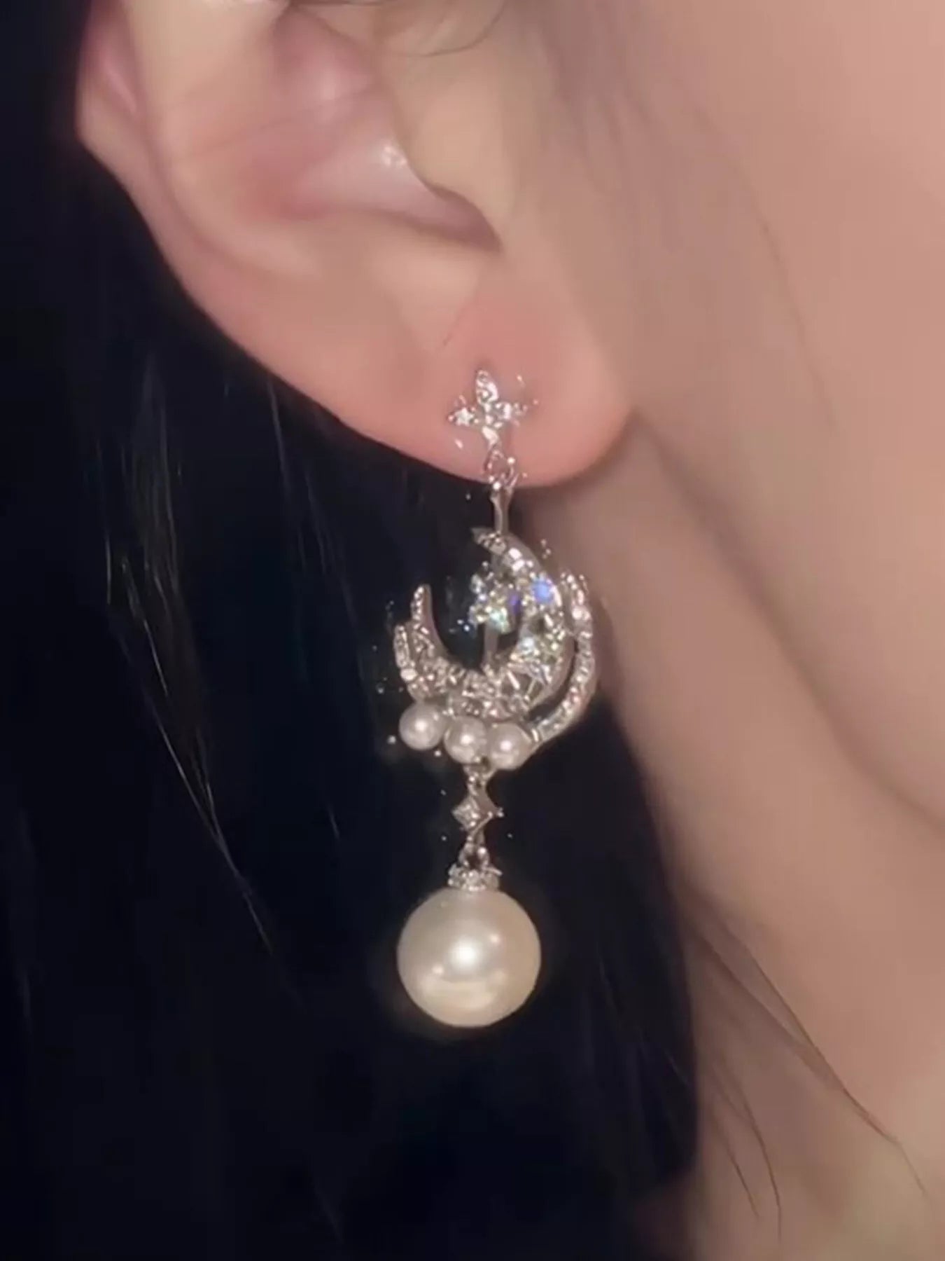 Pearl Moon Star Dangle Earrings