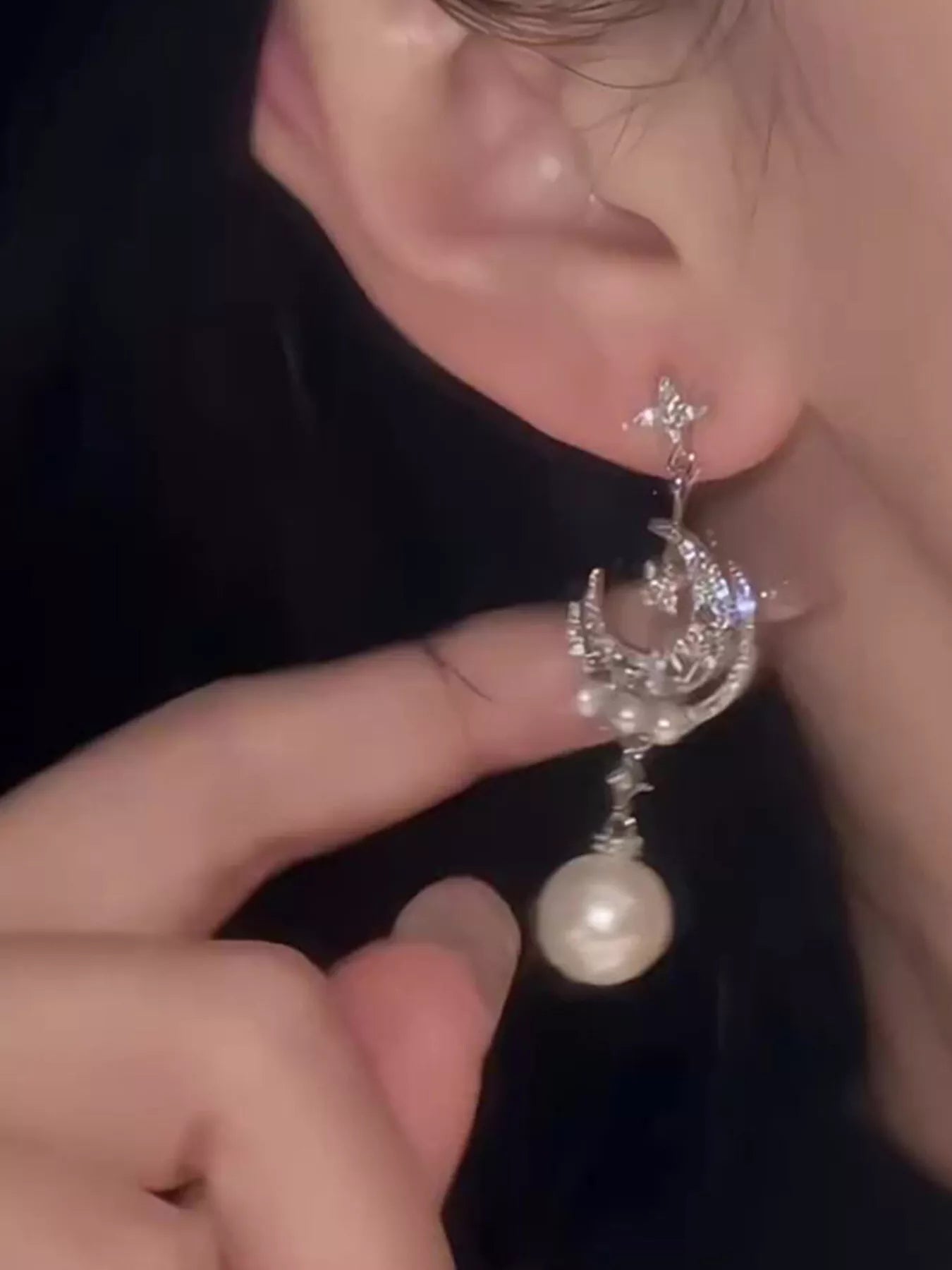 Pearl Moon Star Dangle Earrings