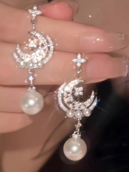 Pearl Moon Star Dangle Earrings