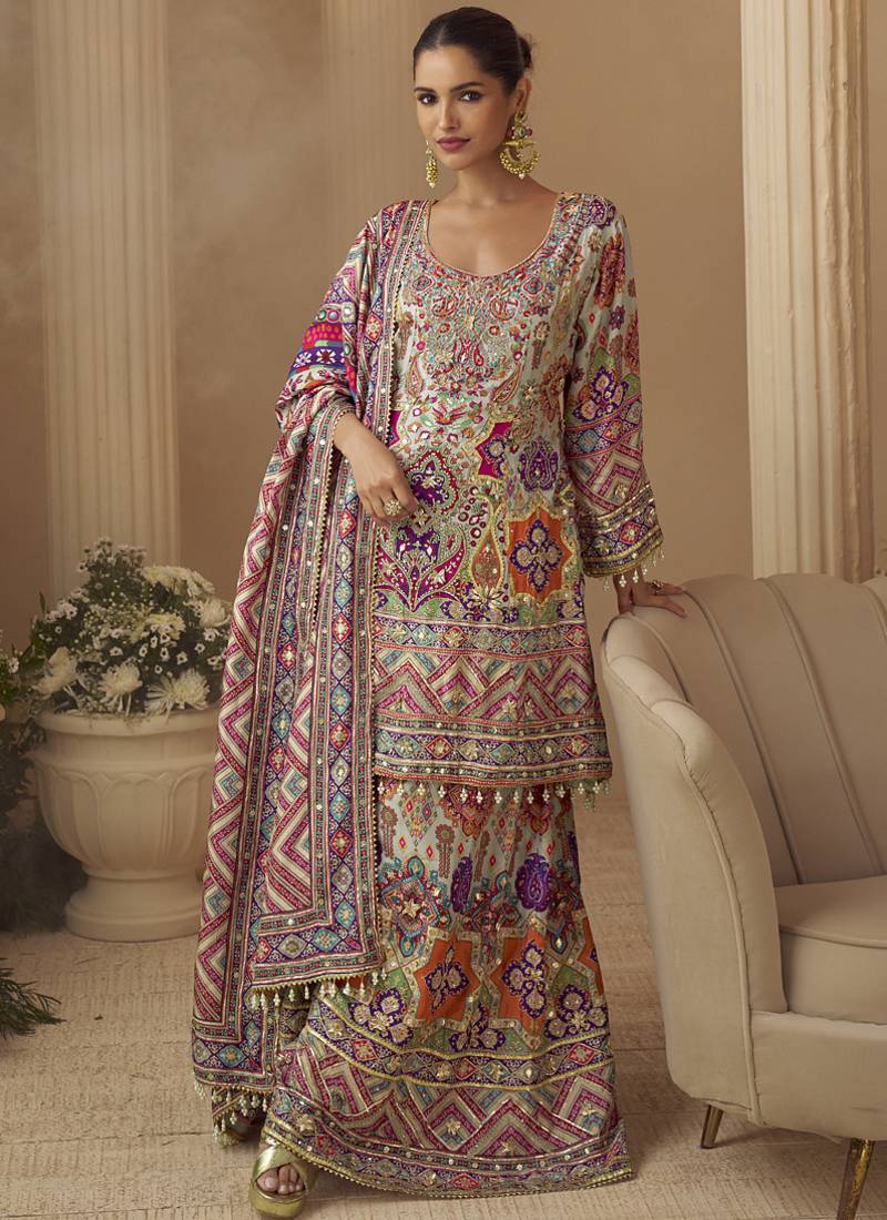 Multicolour Printed Crepe Silk Palazzo Suit