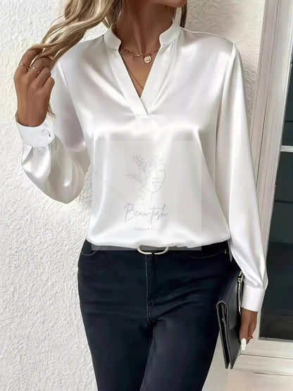 Notched Long Sleeve Blouse