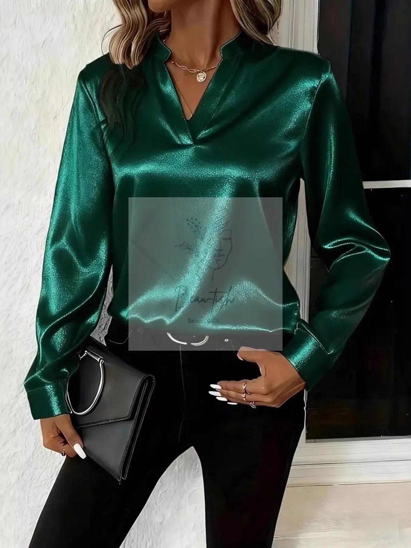 Notched Long Sleeve Blouse