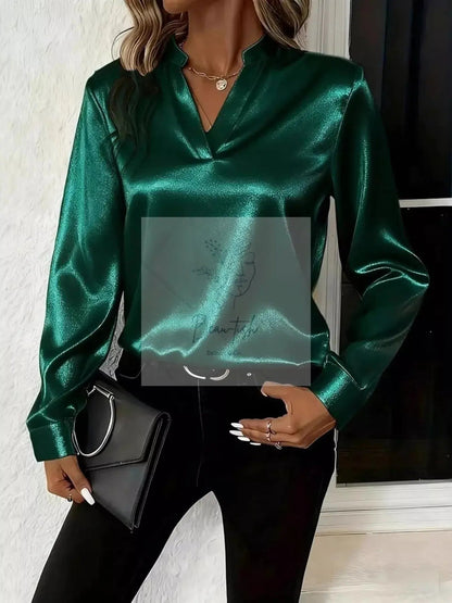 Notched Long Sleeve Blouse