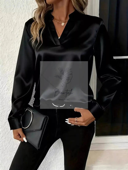 Notched Long Sleeve Blouse