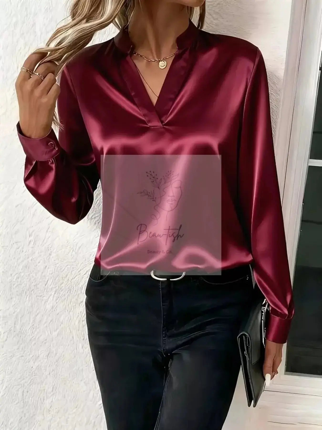 Notched Long Sleeve Blouse