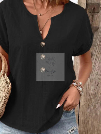 Notched Short Sleeve Blouse