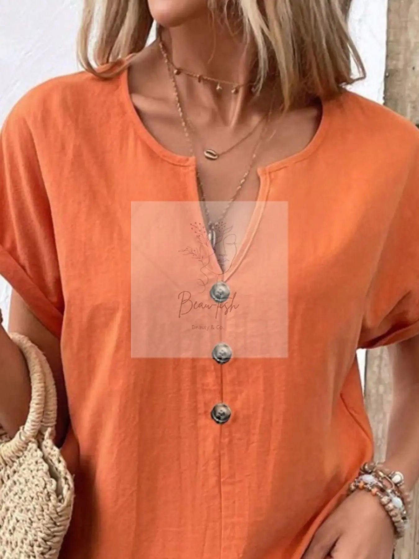 Notched Short Sleeve Blouse