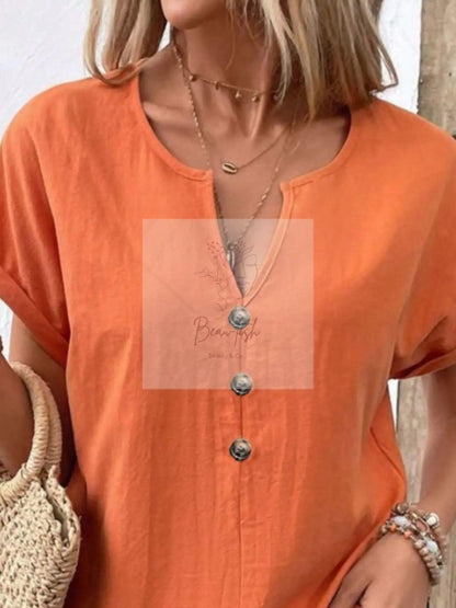 Notched Short Sleeve Blouse