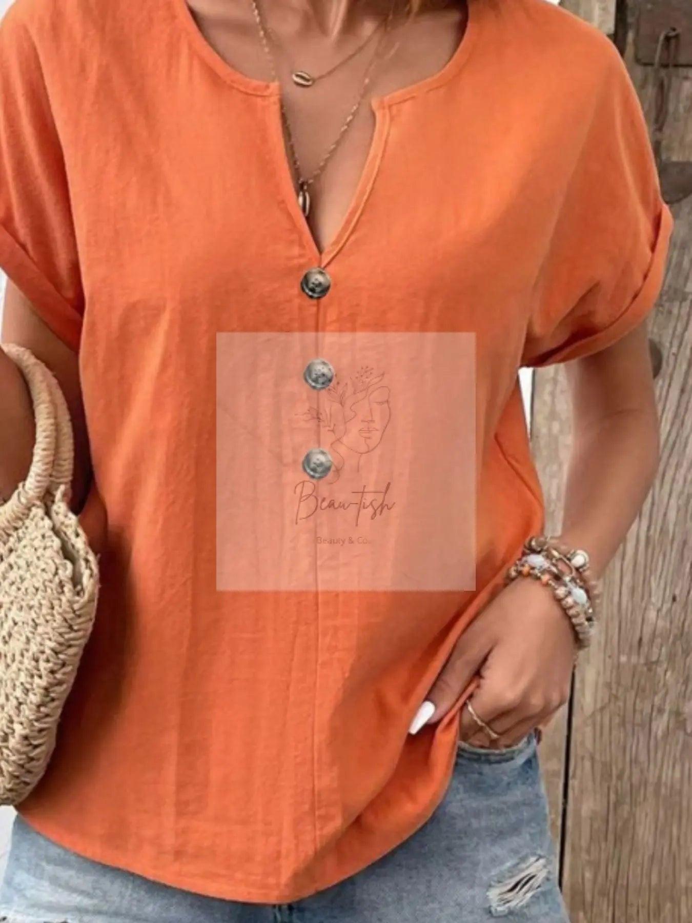 Notched Short Sleeve Blouse