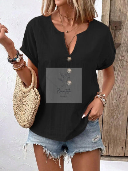 Notched Short Sleeve Blouse