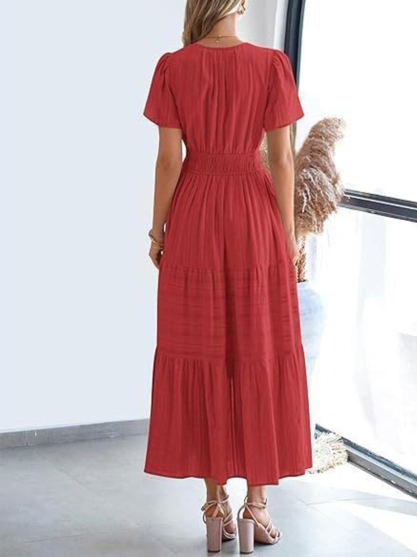 Notched Short Sleeve Tiered Dress