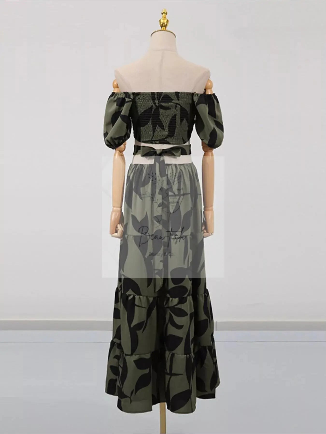Off-Shoulder Cutout Leaf Print Maxi Dress