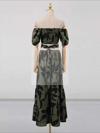 Off-Shoulder Cutout Leaf Print Maxi Dress