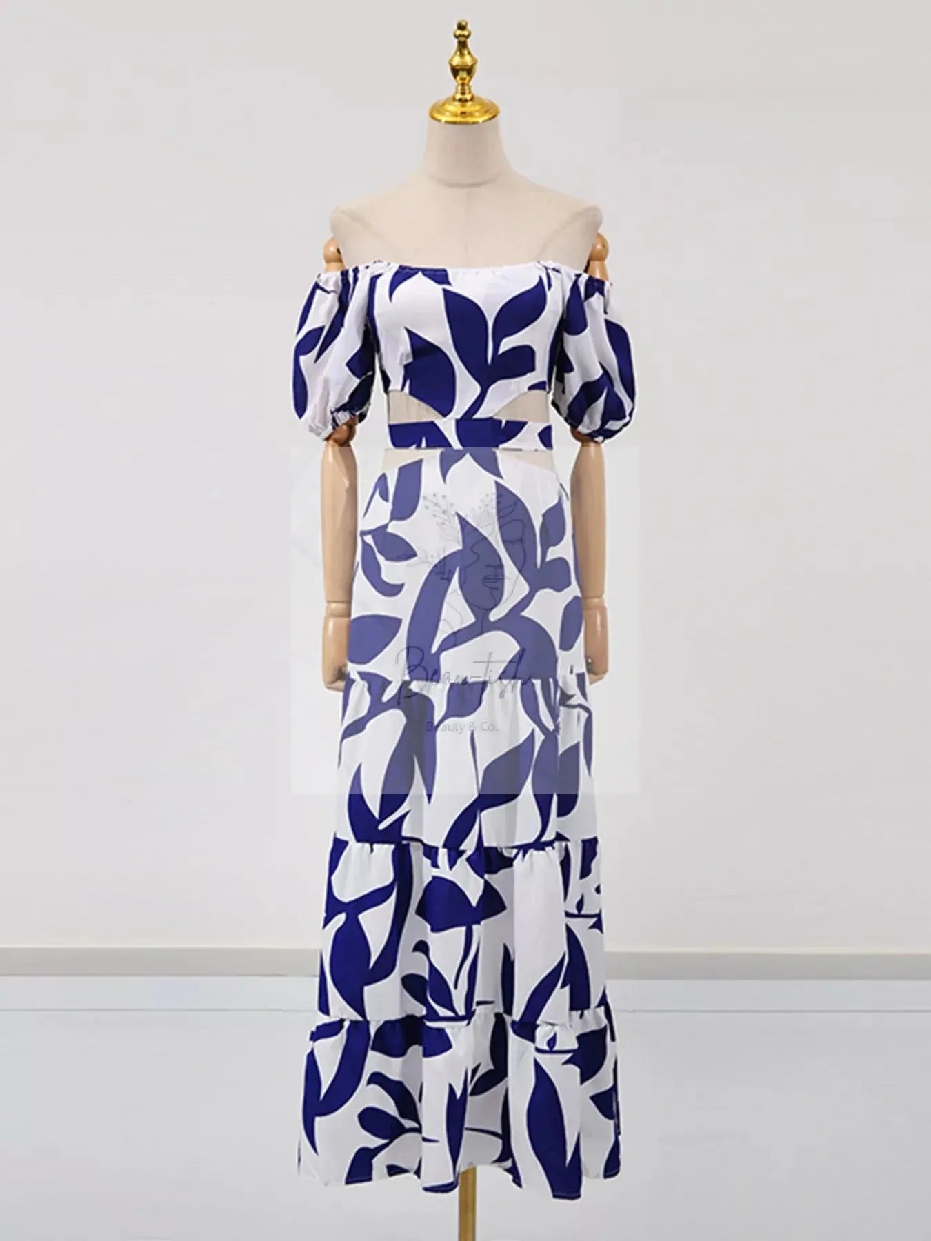 Off-Shoulder Cutout Leaf Print Maxi Dress