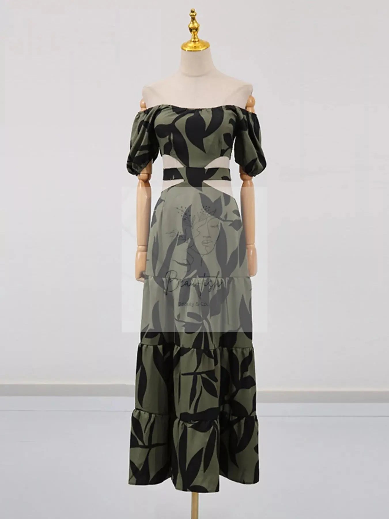 Off-Shoulder Cutout Leaf Print Maxi Dress