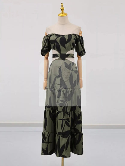 Off-Shoulder Cutout Leaf Print Maxi Dress