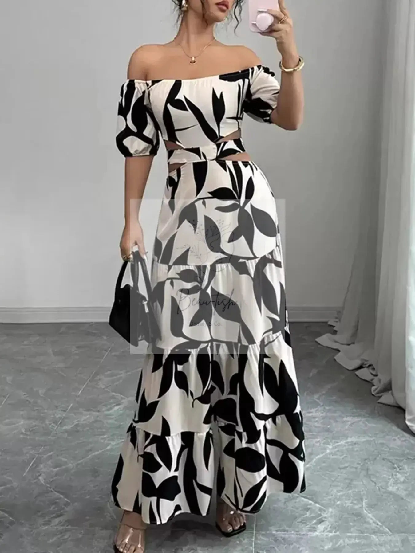Off-Shoulder Cutout Leaf Print Maxi Dress