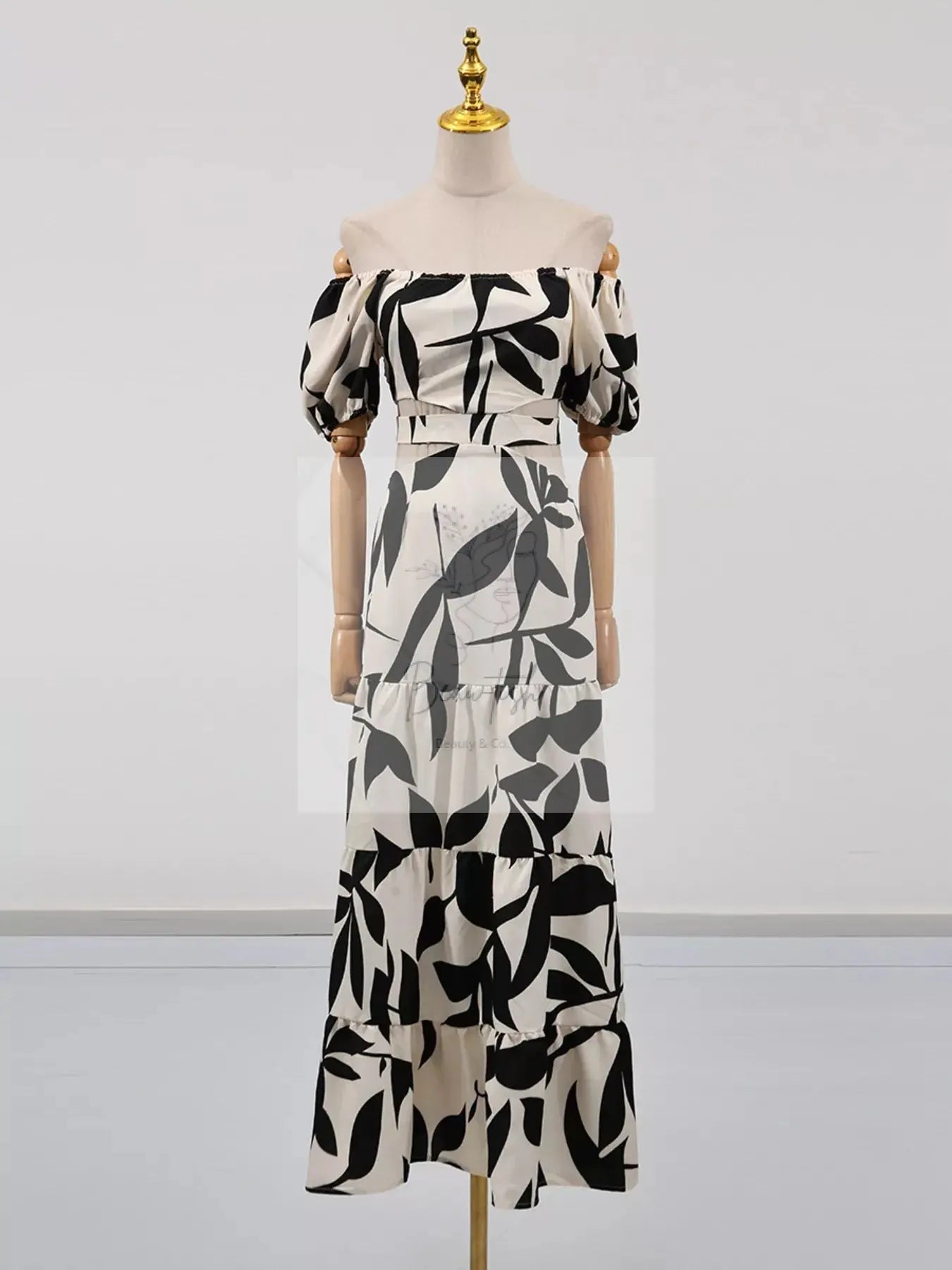 Off-Shoulder Cutout Leaf Print Maxi Dress