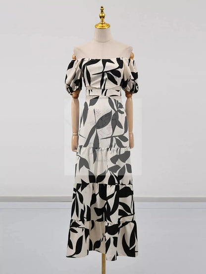 Off-Shoulder Cutout Leaf Print Maxi Dress