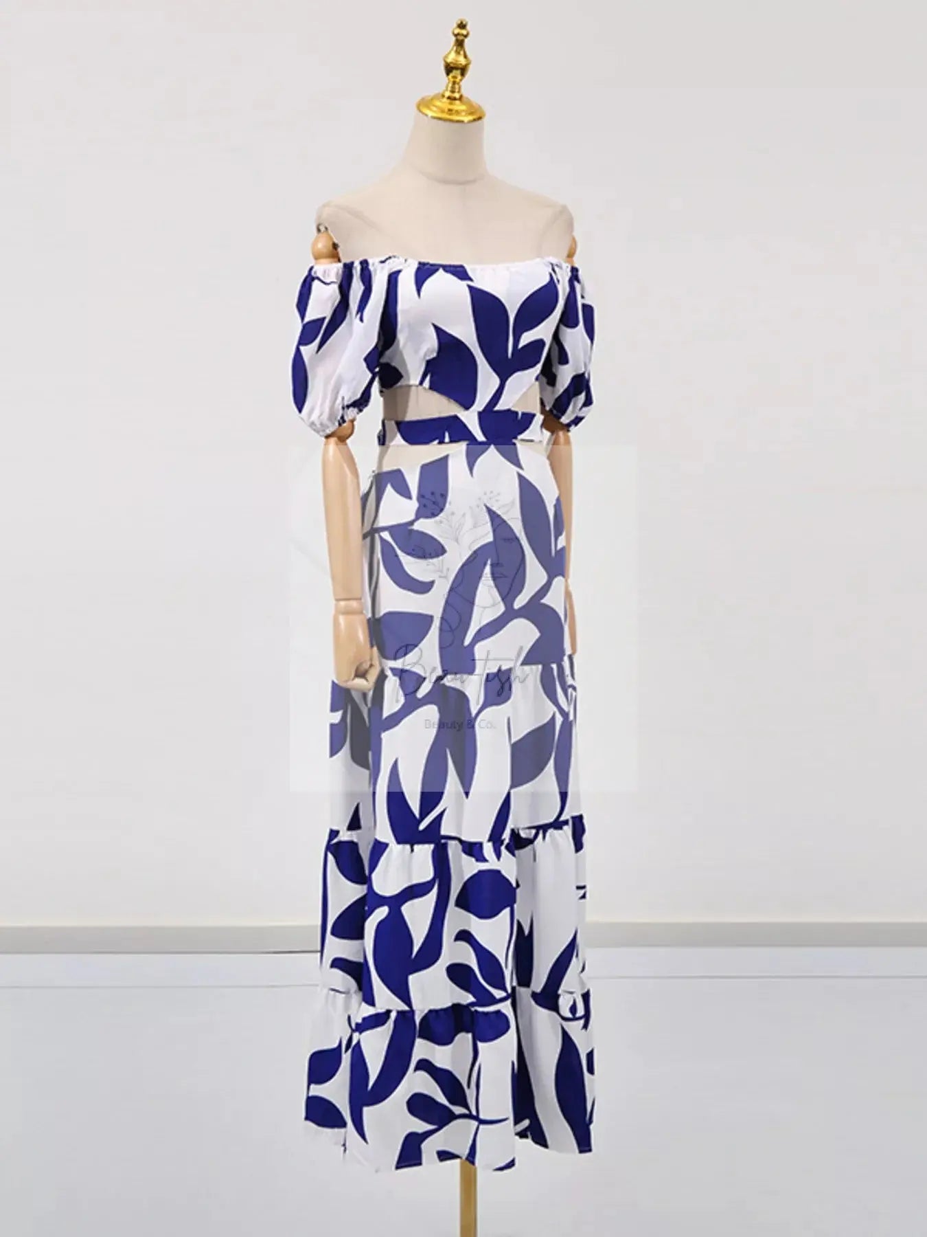 Off-Shoulder Cutout Leaf Print Maxi Dress