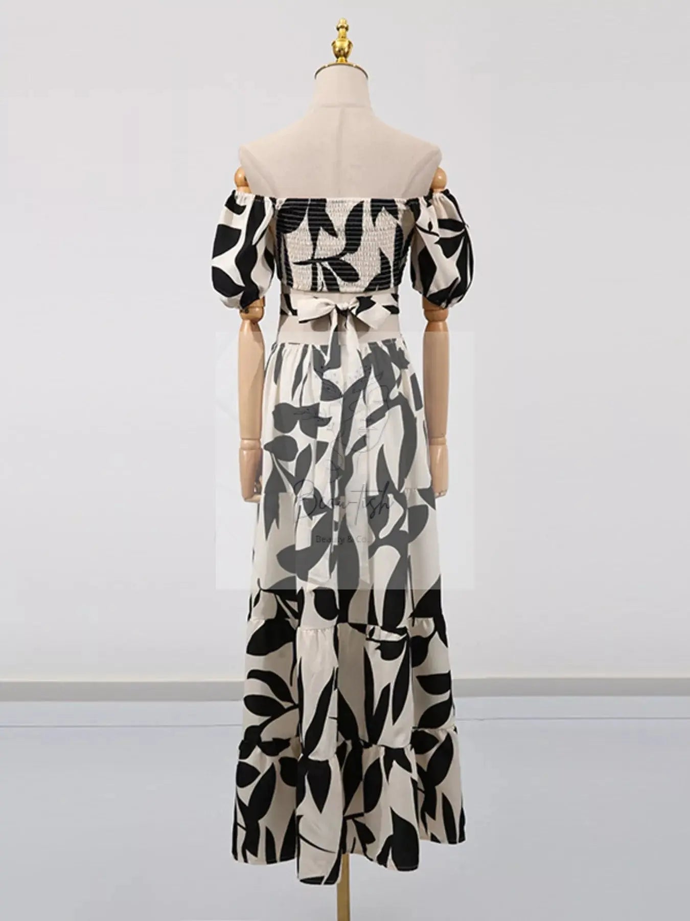 Off-Shoulder Cutout Leaf Print Maxi Dress