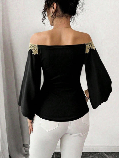 Off-Shoulder Embroidered Bell Sleeve Top