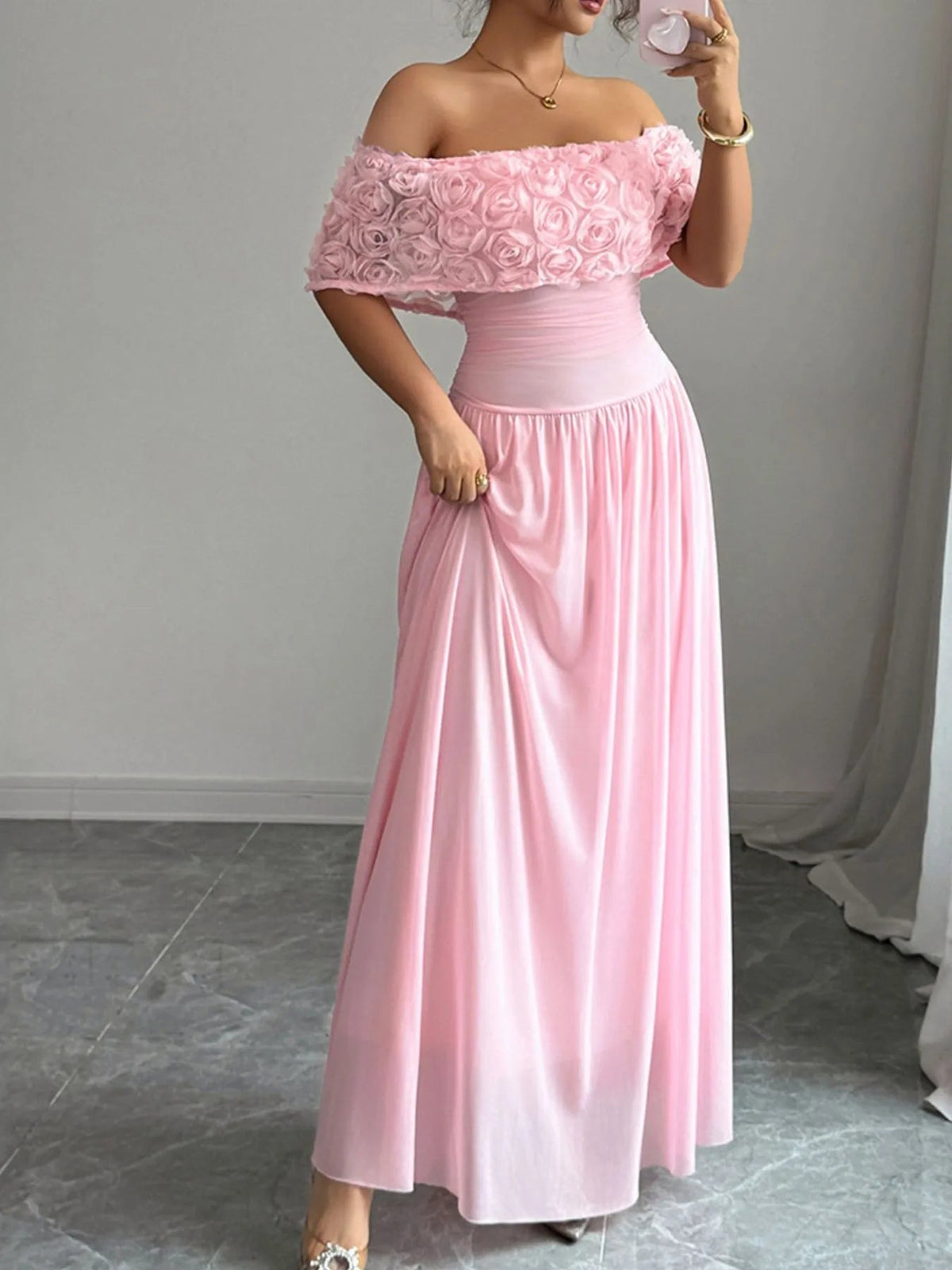 Off-Shoulder Rose Embellished Maxi Dress