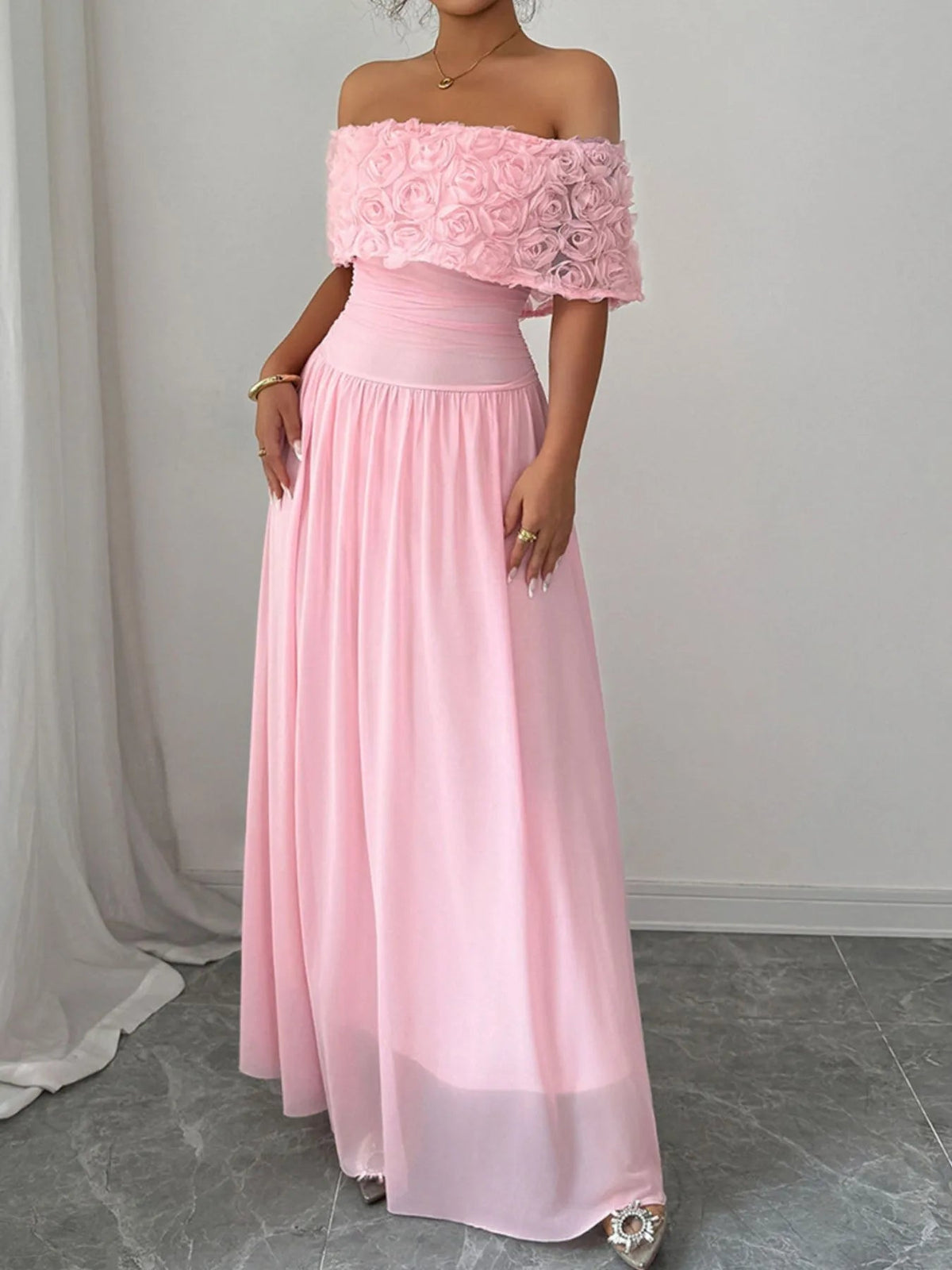 Off-Shoulder Rose Embellished Maxi Dress