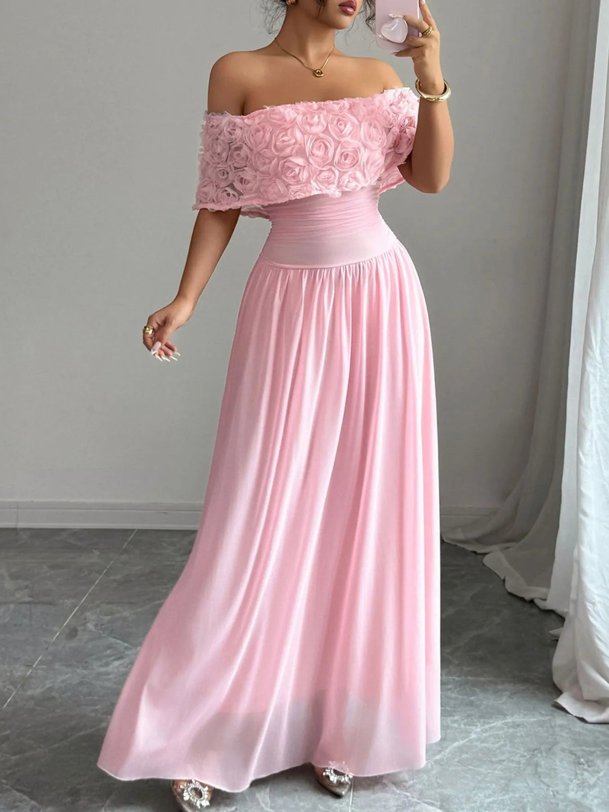 Off-Shoulder Rose Embellished Maxi Dress