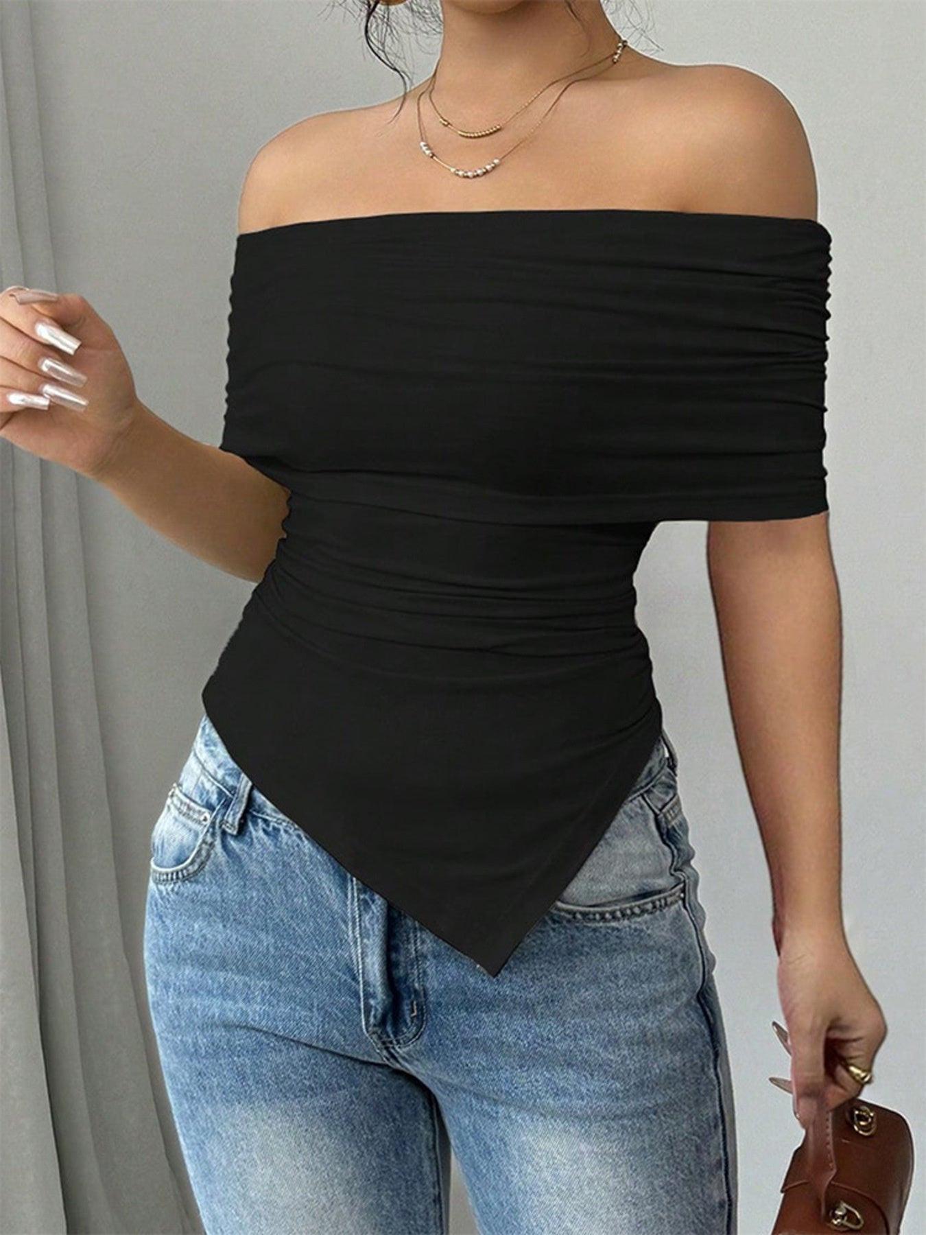 Off-Shoulder Ruched Asymmetrical Hem Top
