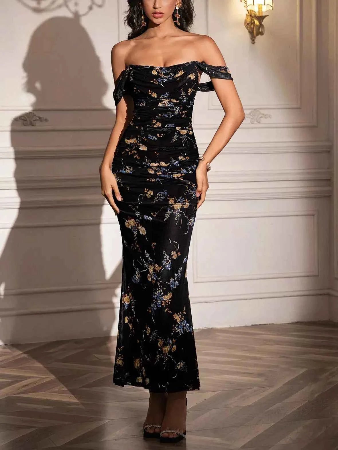 Off-Shoulder Ruched Floral Mermaid Dress