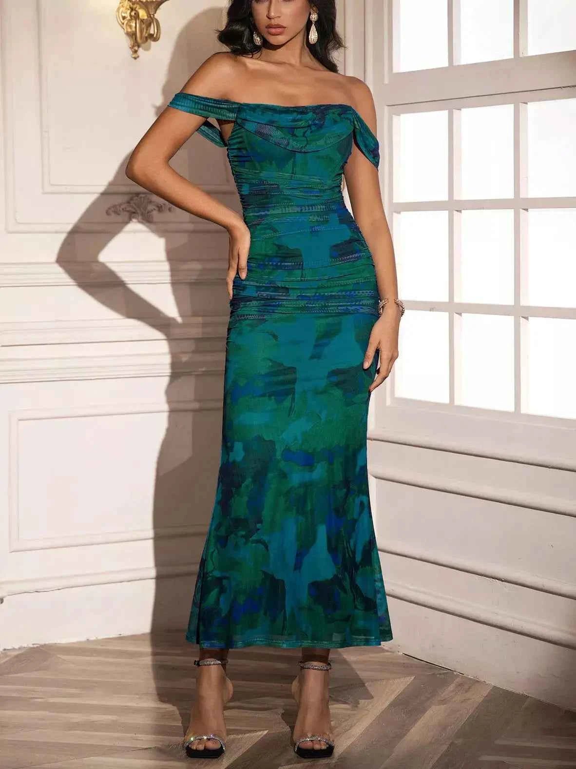 Off-Shoulder Ruched Floral Mermaid Dress
