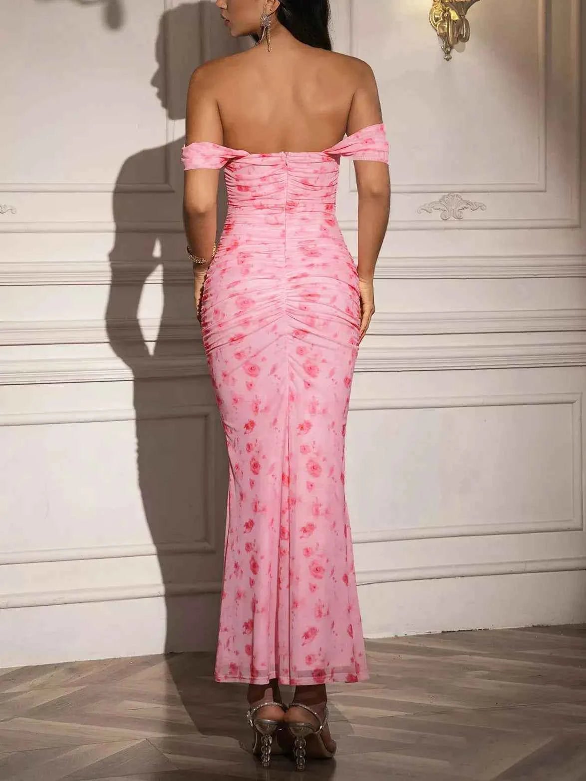 Off-Shoulder Ruched Floral Mermaid Dress