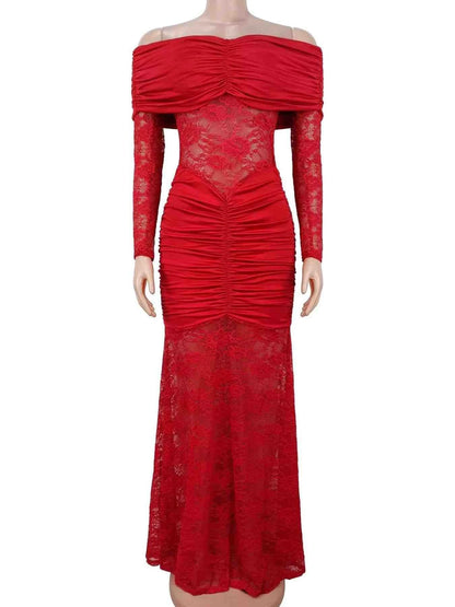 Off-Shoulder Ruched Lace Mermaid Maxi Dress