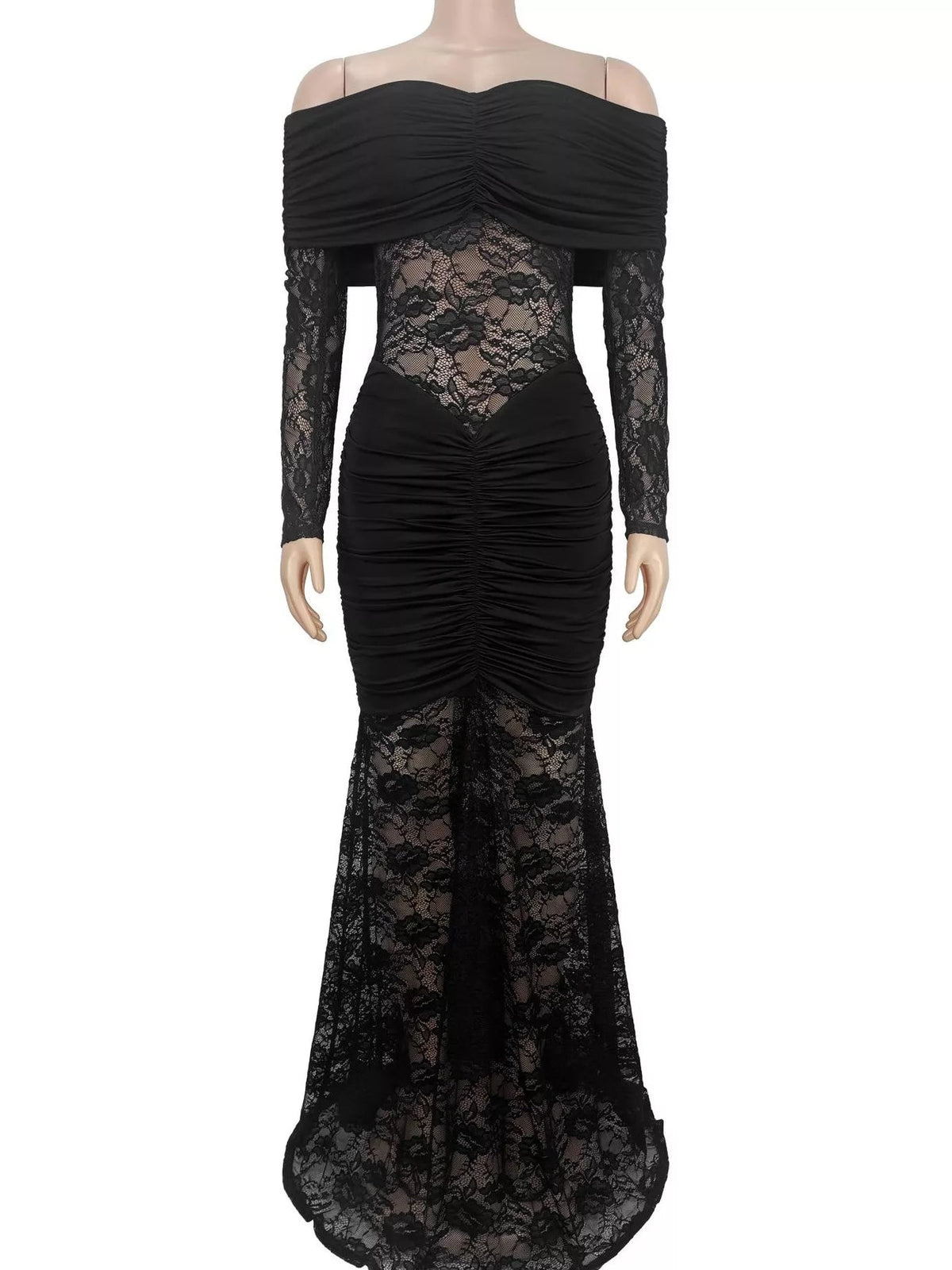 Off-Shoulder Ruched Lace Mermaid Maxi Dress