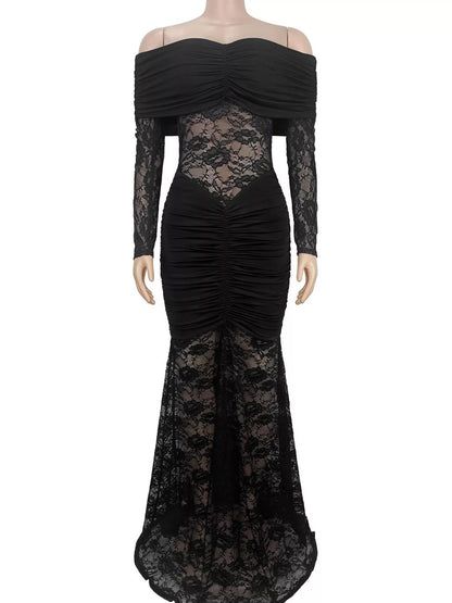 Off-Shoulder Ruched Lace Mermaid Maxi Dress