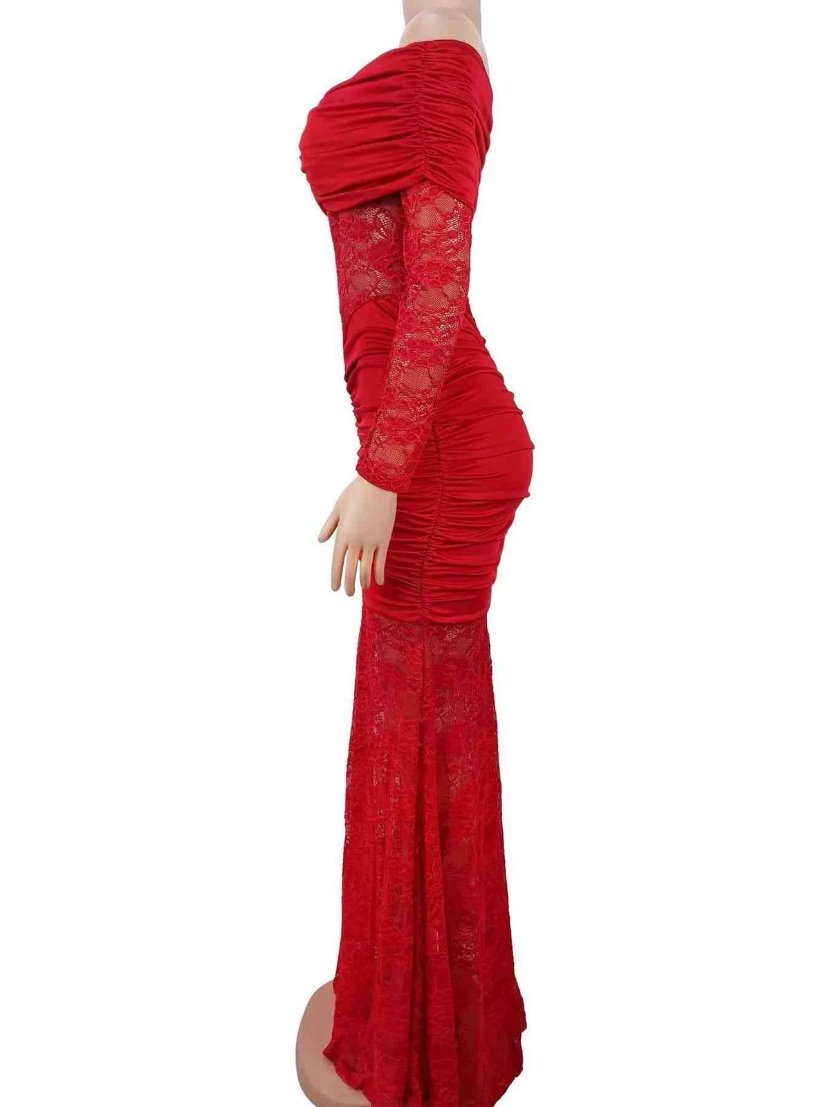 Off-Shoulder Ruched Lace Mermaid Maxi Dress