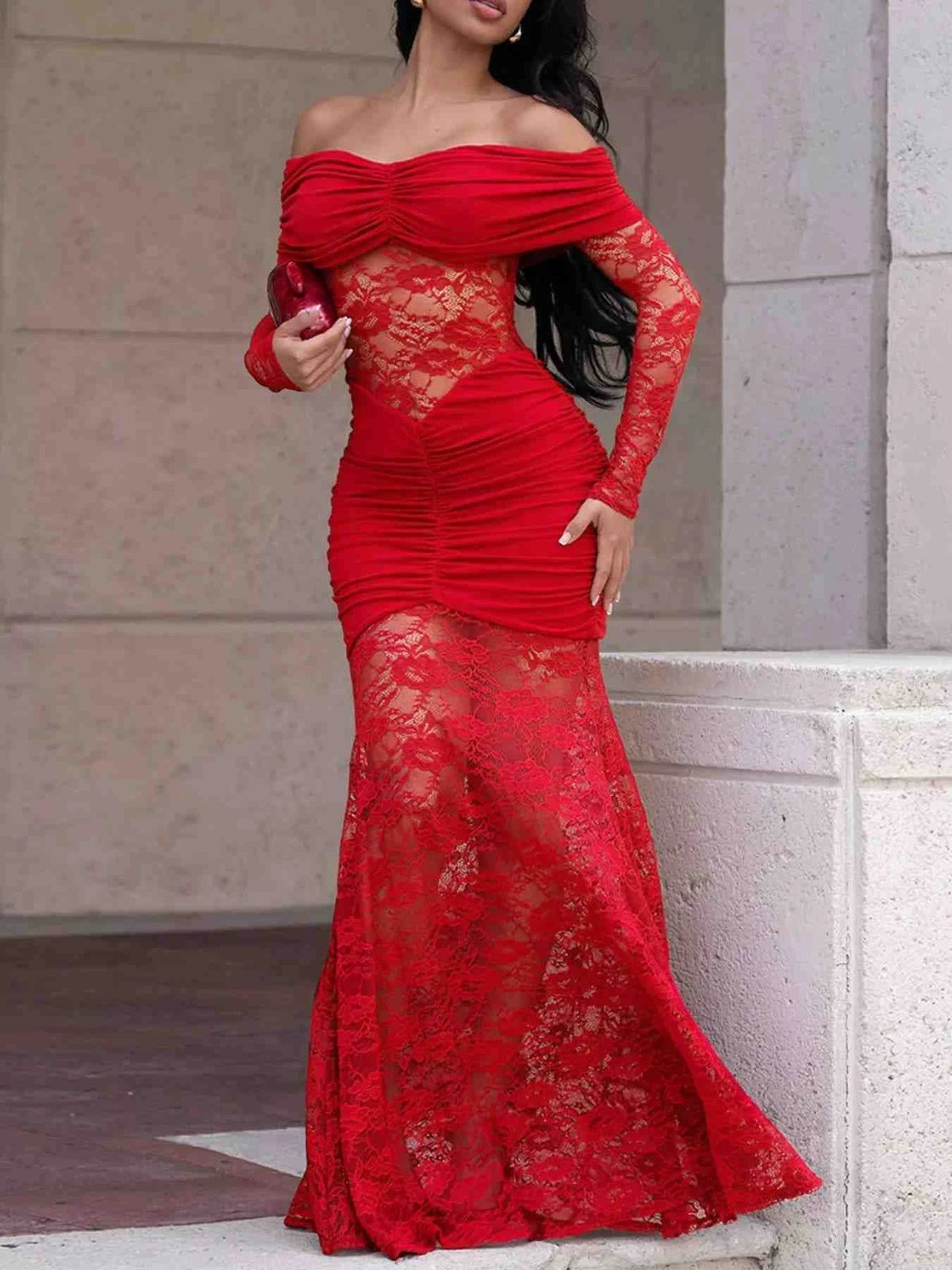 Off-Shoulder Ruched Lace Mermaid Maxi Dress