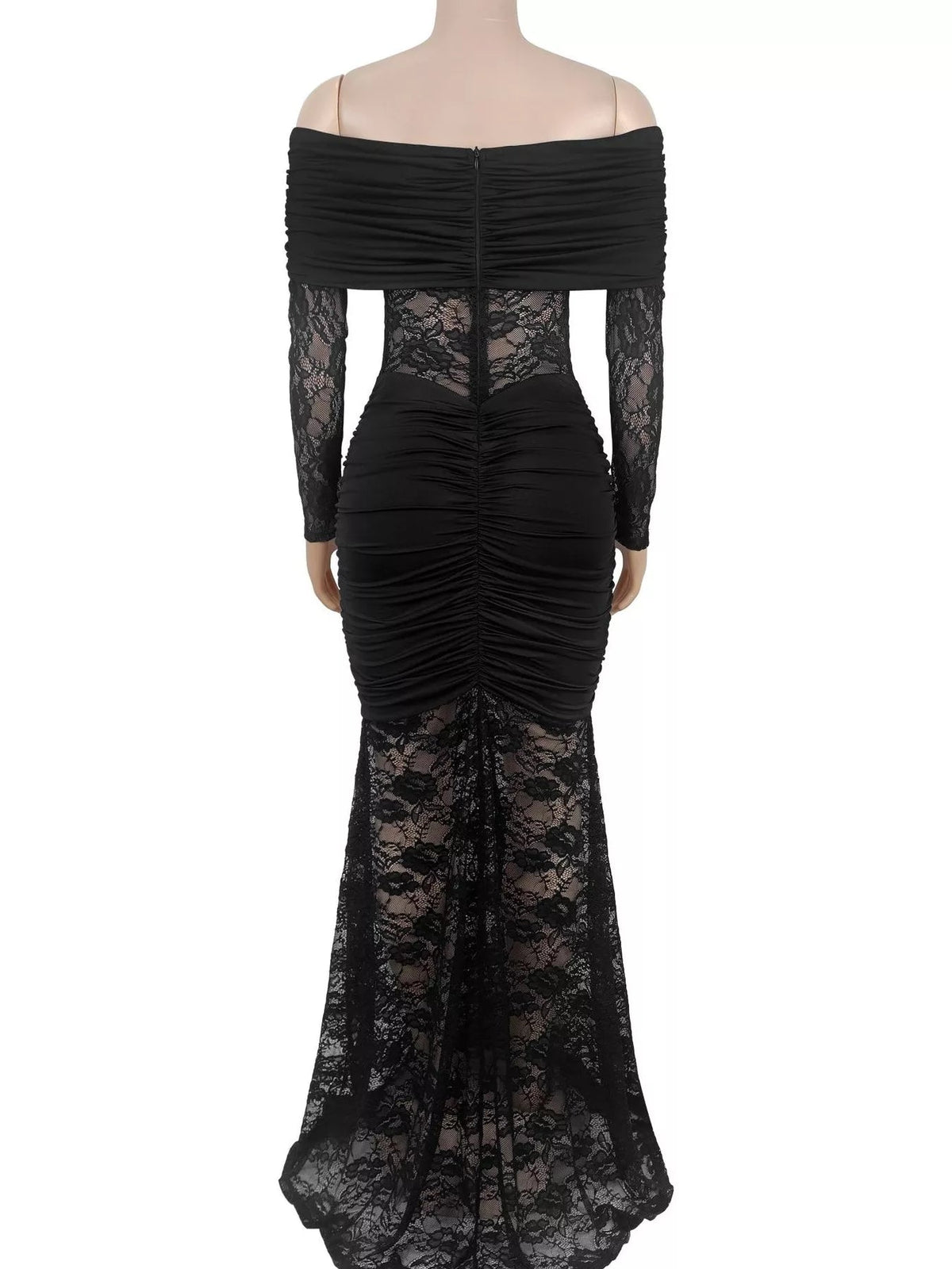 Off-Shoulder Ruched Lace Mermaid Maxi Dress
